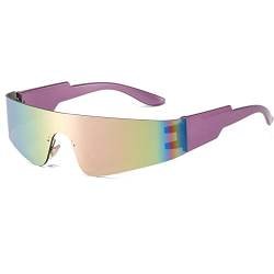 Ggpyyon Futuristische Y2K Sonnenbrille Herren Damen Rahmenlos Schnelle Brille mit Verspiegelte Linse Sportbrille Fahrerbrille UV400 Schutz(Lila/Rosa) von Ggpyyon