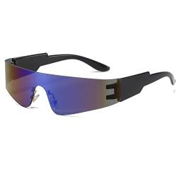 Ggpyyon Futuristische Y2K Sonnenbrille Herren Damen Rahmenlos Schnelle Brille mit Verspiegelte Linse Sportbrille Fahrerbrille UV400 Schutz(Schwarz/Blau) von Ggpyyon