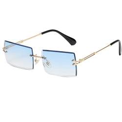 Ggpyyon Rechteck Randlose Sonnenbrille für Damen Herren,Rahmenlose Sonnenbrille Retro Durchsichtige Linse für Frauen Männer UV400-Schutz(Gold/Farbverlauf Blau) von Ggpyyon