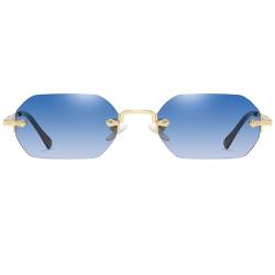 Ggpyyon Retro Rechteck Rahmenlose Sonnenbrille für Damen Herren Trendy Metall Gold Polygon Randlose Sonnenbrille(Gold/Farbverlauf Blau) von Ggpyyon