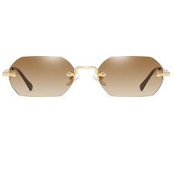 Ggpyyon Retro Rechteck Rahmenlose Sonnenbrille für Damen Herren Trendy Metall Gold Polygon Randlose Sonnenbrille(Gold/Farbverlauf Braun) von Ggpyyon