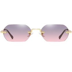 Ggpyyon Retro Rechteck Rahmenlose Sonnenbrille für Damen Herren Trendy Metall Gold Polygon Randlose Sonnenbrille(Gold/Farbverlauf Grau Rosa) von Ggpyyon