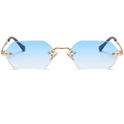 Ggpyyon Retro Rechteck Rahmenlose Sonnenbrille für Damen Herren Trendy Metall Gold Polygon Randlose Sonnenbrille(Gold/Gradient Light Blau) von Ggpyyon