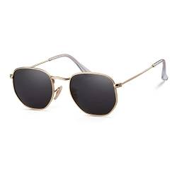 Ggpyyon Vintage Sechseckige polarisierte Sonnenbrille Herren Damen Retro Quadratisch Metallrahmen Brille, Gold / Grau von Ggpyyon