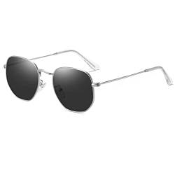 Ggpyyon Vintage-Sonnenbrille, sechseckig, polarisiert, für Herren und Damen, Retro, quadratisch, Metallrahmen, Brille, silberfarben/grau von Ggpyyon