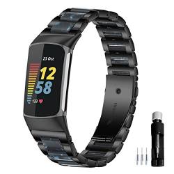 Gheper Harz Edelstahl Armband Kompatibel mit Fitbit Charge 6 / Charge 5 Smartwatch Armbändern Ersatz Metallarmband für Damen und Herren von Gheper