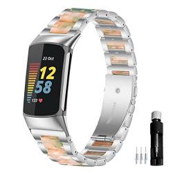 Gheper Harz Edelstahl Armband Kompatibel mit Fitbit Charge 6 / Charge 5 Smartwatch Armbändern Ersatz Metallarmband für Damen und Herren von Gheper