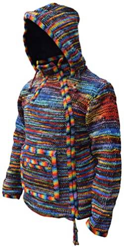 Gheri Handgestrickter Kapuzenpullover aus Wolle, mit hohem Kragen, Batikfärbung, Schwarzer Regenbogen, L von Gheri