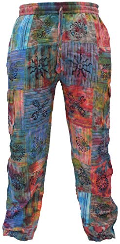 Gheri Herren Bindungs-Färbung Patchwork Bunt Hippie Baumwolle Cargohosen Mittel von Gheri
