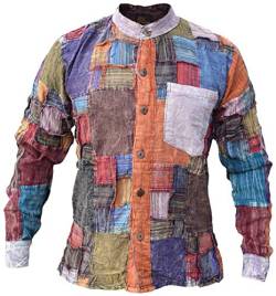 Gheri Herren Gitter Patchwork Baumwolle Lange Ärmel Beiläufig Opa Kragenlos Hemd Tops Kurtas XXX-Large von Gheri