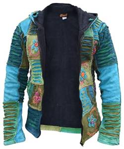 Gheri Herren Türkis Stickerei Patchwork Lange Kapuze Hippy Festival Baumwolle Jacke Fleece gefüttert XL von Gheri