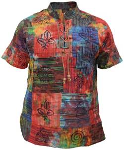 Gheri Patchwork Tie Dye Spiralsymbole Festival Hippie Kordelzug Schnürung Grandad Kragen Kurzarm T-Shirt Medium von Gheri