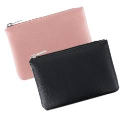 Giantree Kleine Geldbörse für Frauen, 2 Stück Niedliche Leder Lychee Muster Zipper Münztasche Tragbares Portemonnaie Mini Münzgeldbörse für Frauen Damen ID Schlüssel Headset (Schwarz+Rosa) von Giantree