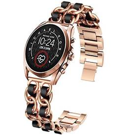 Giaogor Damen Kettenbänder Kompatibel mit Michael Kors Bradshaw 2, Edelstahlband Lederschlaufe Ersatzarmband für MK Access Gen 5 Bradshaw Smartwatch (Roségold-schwarz) von Giaogor