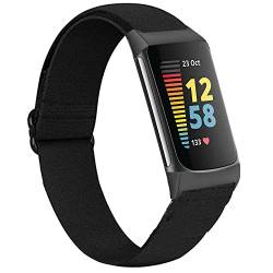 Giaogor Fitbit Charge 5 Armband, Einstellbar Stoff Armbänder, Weich und Dehnbar Elastizität Ersatzband für Fitbit Charge 5 Smartwatch (Schwarz) von Giaogor