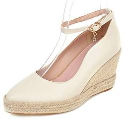 Gicoiz Keilabsatz Plateau Espadrille Damen Pointed Toe Pump Knöchelriemchen Lovely Polka Dot Hochzeit Party Abendschuhe Mode Beige Gr 35 EU von Gicoiz