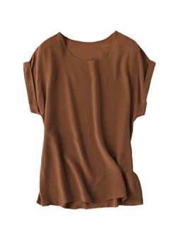 Damen-Seiden-T-Shirt, 100 % Seide, Fledermausärmel, einfarbig, Bonbonfarben, Rundhalsausschnitt, Sommer-Top, Mokka, XL von Gienergy