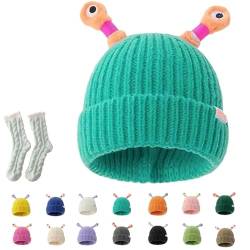 Gienslru Cute Glowing Little Monster Knit Hat, Funny Cute Glowing Monster Knitted Winter Beanie Hat, Kids Winter hat (DE/NL/SE/PL, Alter, Einheitsgröße, Light Blue) von Gienslru