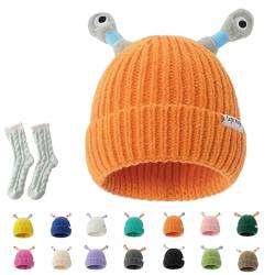 Gienslru Cute Glowing Little Monster Knit Hat, Funny Cute Glowing Monster Knitted Winter Beanie Hat, Kids Winter hat (DE/NL/SE/PL, Alter, Einheitsgröße, Orange) von Gienslru