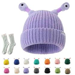 Gienslru Cute Glowing Little Monster Knit Hat, Funny Cute Glowing Monster Knitted Winter Beanie Hat, Kids Winter hat (DE/NL/SE/PL, Alter, Einheitsgröße, Purple) von Gienslru