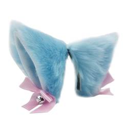 2 Paar niedliche Katzenohren-Haarspangen mit Glocke, pelzige Ohren, Haarnadeln, Kunstfell-Haarnadeln, Kopfbedeckung, Kopfschmuck, Himmelblau, Weiß von Gift girl