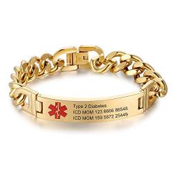 Medizinisches Alarmarmband, Personalisiertes Medizinisches Armband für Männer, Edelstahlarmband für Frauen, Diabetes-Armband. Individuell graviertes medizinisches ID-Armband (B-21.5cm-Gold) von Giftider
