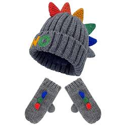 Gifts Treat Kinder Gestrickte Dinosaurier Einhorn Mützen Beanie Mütze Handschuhe Set mit Dinosaurier Wintermütze Handschuhe für Kleinkind Kinder(Grau, M) von Gifts Treat