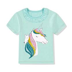 Mädchen T Shirt Kinder Shirt Baumwoll Tops Einhorn Kurzärm Mädchen Sommer Tops Stickerei Design mit Aufdruck und Farbe im Shirt,Blau 2-3 Jahre von Gifts Treat