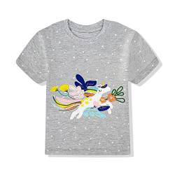 Mädchen T Shirt Kinder Shirt Baumwoll Tops Einhorn Kurzärm Mädchen Sommer Tops Stickerei Design mit Aufdruck und Farbe im Shirt,Grau 2-3 Jahre von Gifts Treat