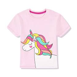 Mädchen T Shirt Kinder Shirt Baumwoll Tops Einhorn Kurzärm Mädchen Sommer Tops Stickerei Design mit Aufdruck und Farbe im Shirt,Rosa 4-5 Jahre von Gifts Treat