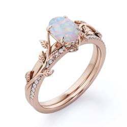 Gigirom Opalringe for Frauen, Blattdesign-Feueropal-Verlobungsring, S925-Sterlingsilber-Opal- und Moissanit-Ehering-Set, Versprechensringe Opalschmuck (Color : Rose gold, Size : 61(19.4)) von Gigirom