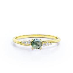MIQRO Runder Moosachat-Verlobungsring, natürlicher Moosachat-Ring for Frauen, 925er Sterlingsilber, einzigartiger Hochzeits-Edelsteinschmuck for Sie (Color : Yellow Gold, Size : 49.3(15.7)) von Gigirom
