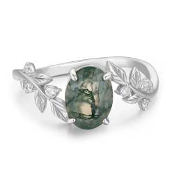 Natürlich inspirierter Blatt-Moos-Achat-Ring for Frauen, ovaler Moos-Achat-Verlobungsring, 925 Sterling Silber, einzigartiger Hochzeitstag-Ring for Sie (Color : Silver, Size : 58(18.5)) von Gigirom