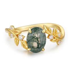 Natürlich inspirierter Blatt-Moos-Achat-Ring for Frauen, ovaler Moos-Achat-Verlobungsring, 925 Sterling Silber, einzigartiger Hochzeitstag-Ring for Sie (Color : Yellow Gold, Size : 52(16.6)) von Gigirom