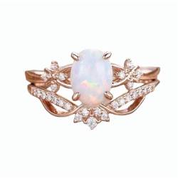 Natürliche Opalringe for Frauen, Opal-Ehering-Set, S925 Sterling Silber/10K Roségold Opal-Verlobungsring-Set for Frauen, Braut Romantischer Ehering (Color : Sterling Silver, Size : 54.4(17.3)) von Gigirom