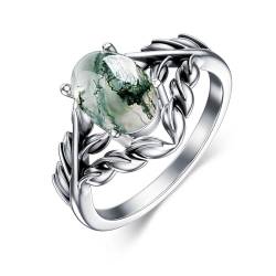 Natürlicher Moosachat-Ring for Frauen, ovaler Moosachat-Verlobungsring, 925 Sterling Silber, einzigartiger Versprechensring Geschenk for Frauen (Size : 52(16.6)) von Gigirom