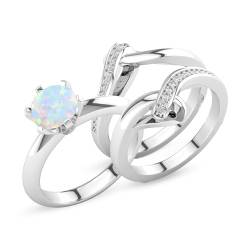 Natürlicher runder Opal und Moissanit Verlobungsring-Set, Opalringe for Frauen, 925 Sterling Silber Hochzeitstag Ring Geschenk Brautset (Color : White gold, Size : 50.6(16.1)) von Gigirom