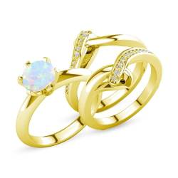 Natürlicher runder Opal und Moissanit Verlobungsring-Set, Opalringe for Frauen, 925 Sterling Silber Hochzeitstag Ring Geschenk Brautset (Color : Yellow Gold, Size : 50.6(16.1)) von Gigirom