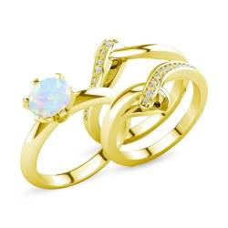 Natürlicher runder Opal und Moissanit Verlobungsring-Set, Opalringe for Frauen, 925 Sterling Silber Hochzeitstag Ring Geschenk Brautset (Color : Yellow Gold, Size : 60(19.1)) von Gigirom