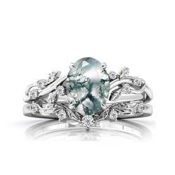 Natürliches Moosachat-Verlobungsring-Set, von der Natur inspirierte Blatt-Moosachat-Ringe for Frauen, 925 Sterling Silber, Jubiläumsversprechen-Ehering (Color : Silver, Size : 52(16.6)) von Gigirom