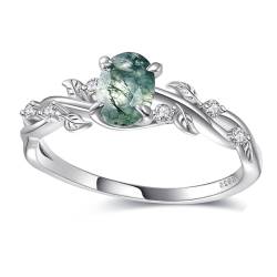 Ovaler natürlicher Moosachat-Ring for Frauen, von der Natur inspirierter Blattring, Moosachat-Verlobungsring, 925 Sterling Silber, Versprechensring for Sie (Size : 52(16.6)) von Gigirom