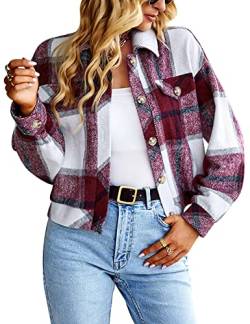 Gihuo Damen Mode Cropped Shacket Button Down Cordjacke Jacken, Karierter Wein, L von Gihuo