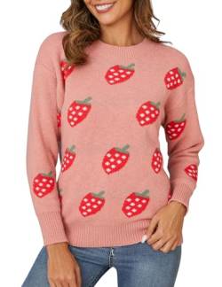 Gihuo Damen Süßer Oversized Rundhals Strickpullover Erdbeere Pullover, rose, Groß von Gihuo