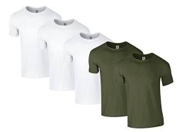Gildan Herren 64000 T-Shirt, 3X Weiss, 2X Military Green & 1 HLKauf Block, L (5er Pack) von Gildan