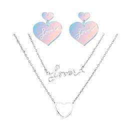 GILIEYER 3PCS Love Halskette Ohrring Set, personalisierte kette, kette mit herzanhänger Multi Layer Silber ketten Herz Halskette Pink Love Ohrringe Letter LOVE Double Layer Halskette für Frauen (Rosa) von Gilieyer