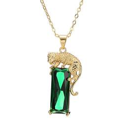 Gilieyer 14K Vergoldet Grüner Kristall Leopard Anhänger Halskette, Frauen Herren Hip Hop Punk Erstellt Smaragd Stein Panther Halskette Tier Halskette Kupfer Schmuck Geschenke (Grün) von Gilieyer