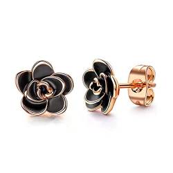 Gilieyer Rosen Blumen Ohrstecker für Frauen, 18 Karat Vergoldet Emaille Handwerk Schwarze Rosen Blumen Ohrringe Niedliche Ohrringe Schmuck Geschenke für Muttertag Freundin (Roségold Schwarz) von Gilieyer