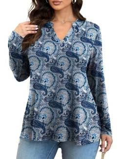 GingDin Damen Plus Size Tops Langarm Shirts Blusen(Blue,Large) von GingDin