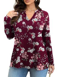 GingDin Damen Plus Size Tops Langarm Shirts Blusen(Wine,1X) von GingDin