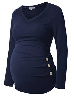 GINKANA Umstandsshirt Langarm Basic Top Rüschen Seiten Knöpfe T-Shirt für Schwangere - Blau - Mittel von Ginkana